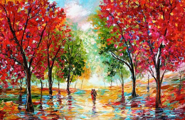 Карен Тарлтон (Karen Tarlton) из Калифорнии создает яркие и красочные картины, на которых изображены романтические сцены пар, гуляющих по аллеям среди деревьев. Работы Карен показывают, что несмотря на дождь или снег, пары идут своей дорогой и радуются взаимной любви. Карен замужем уже 23 года, и своими картинами художница показывает счастье в браке.